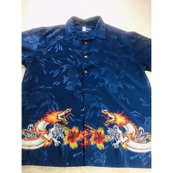 ISLAND SERIES HAWAIIAN MENS BLUE FISH DRAGON SHORT SLEEVE SHIRT USA MADE SIZE L - Picture 2 of 8